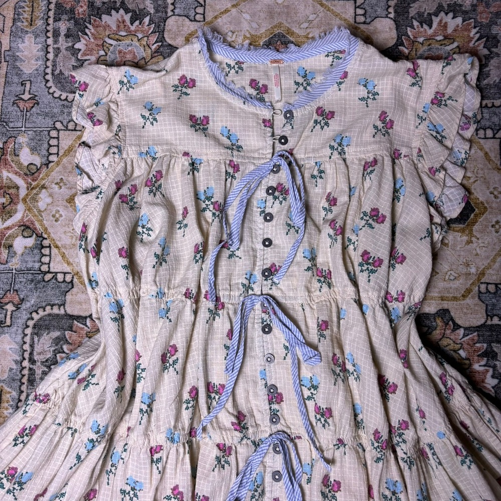Free People Floral Cross Stitch Tiered Mini Dress Cream Boho Medium Cottage Core - Picture 3 of 16